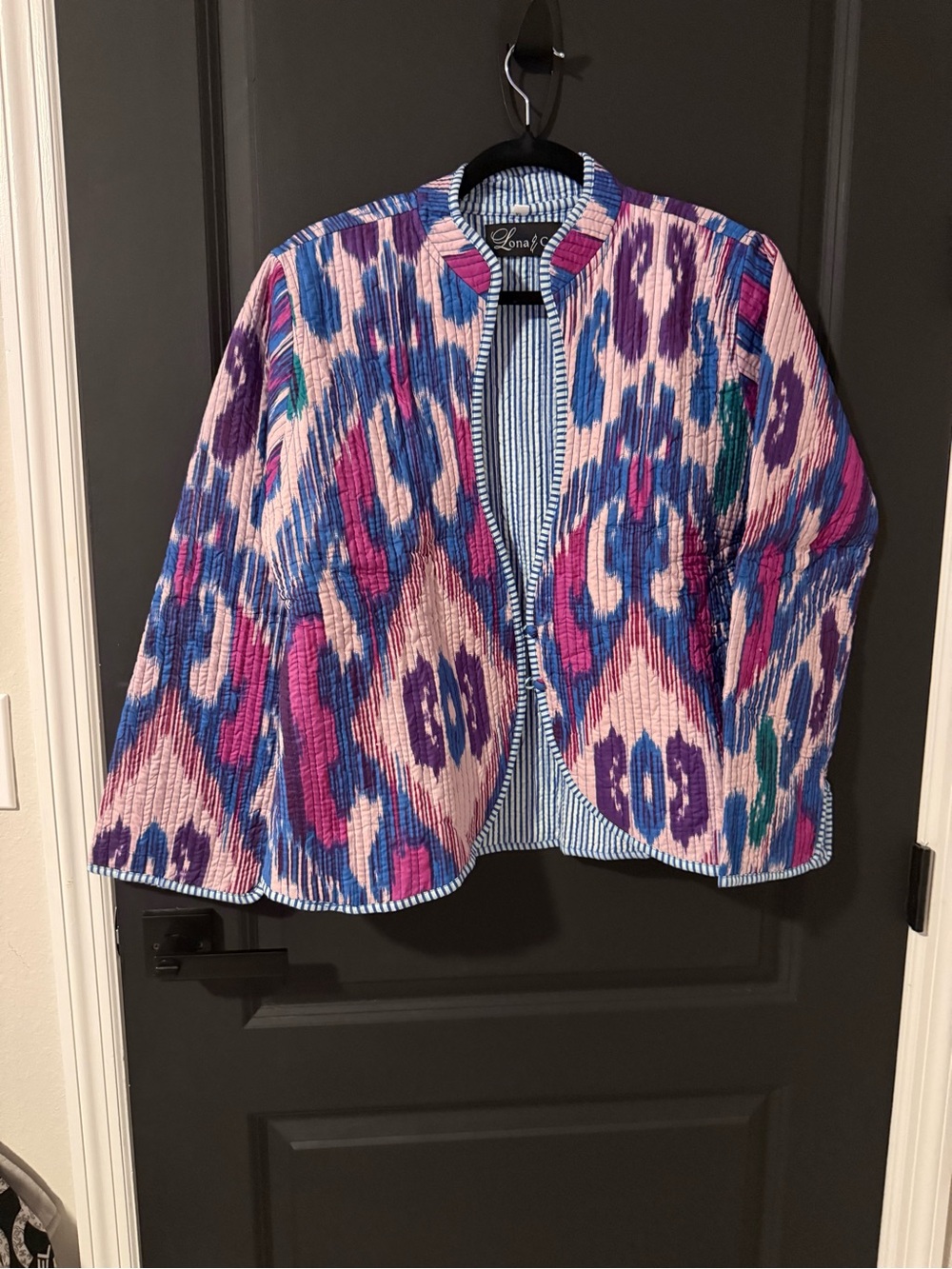 Lena Multicolor Ikat Quilted Jacket in Pink, Purple & Blue